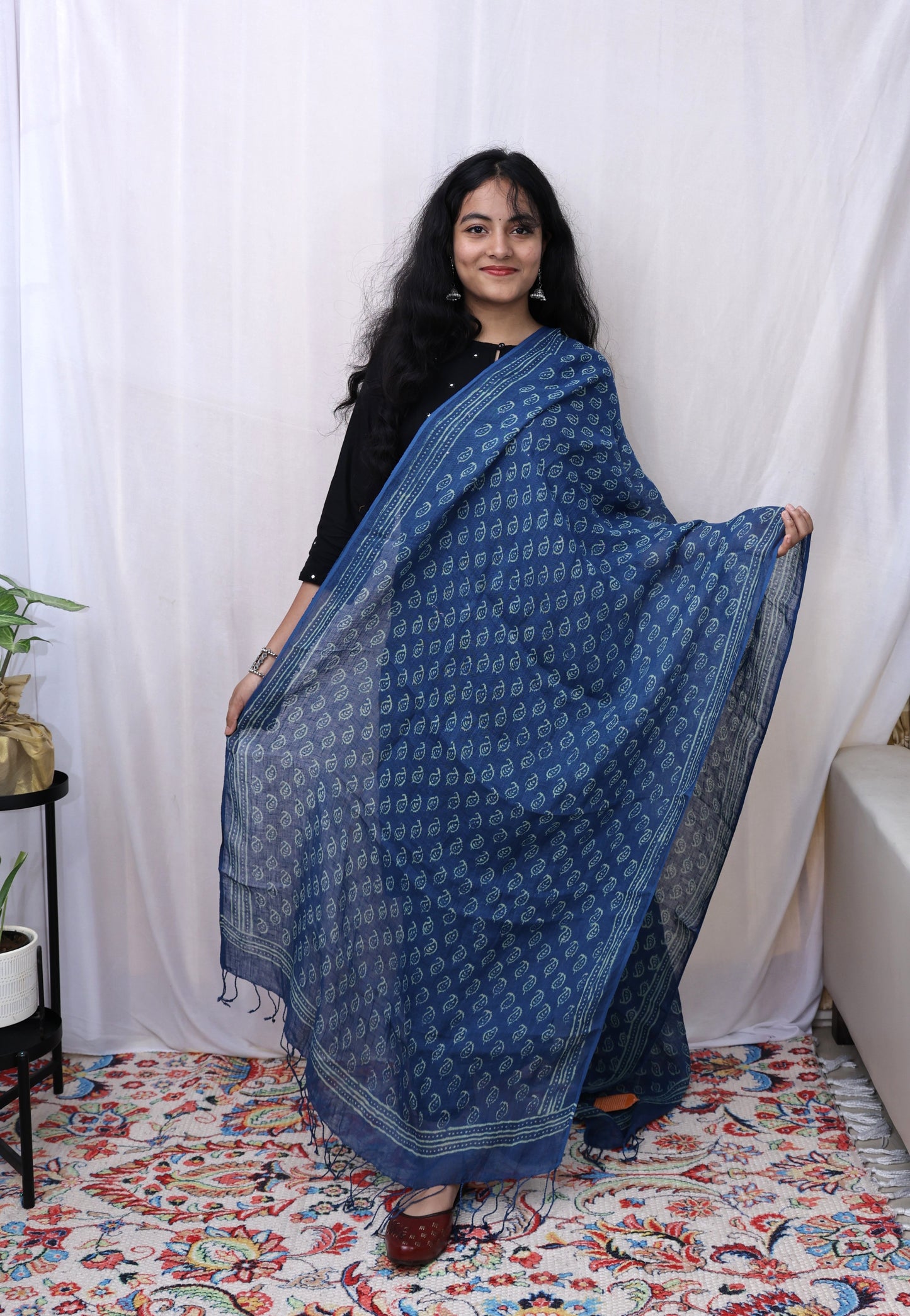 Blue hand-made block print dupatta