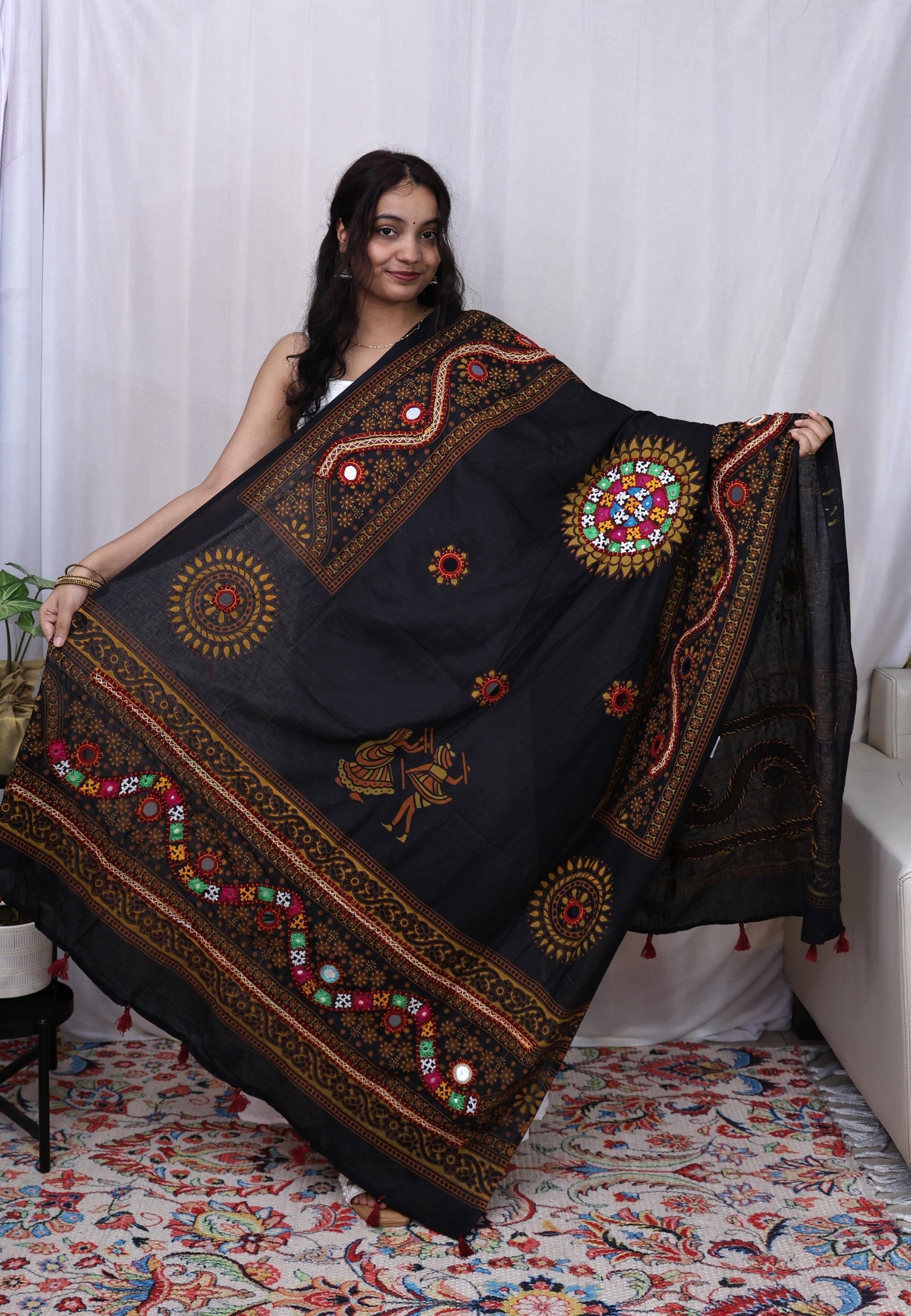 Cotton Print With Patch Mirror Work Dupatta