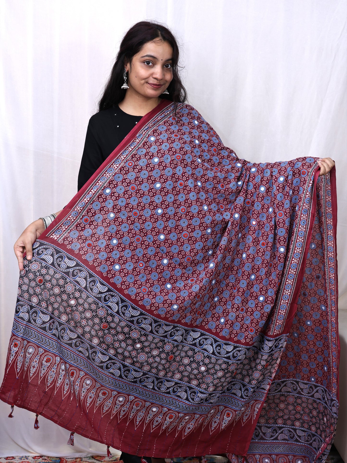 Cotton Ajrakh Katha Mirror Dupatta