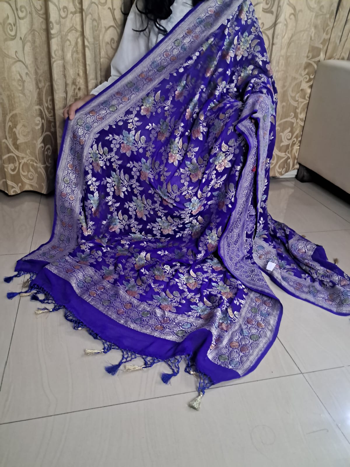 Blue Crep Georgette khaddi Hand Print Banarasi Dupatta