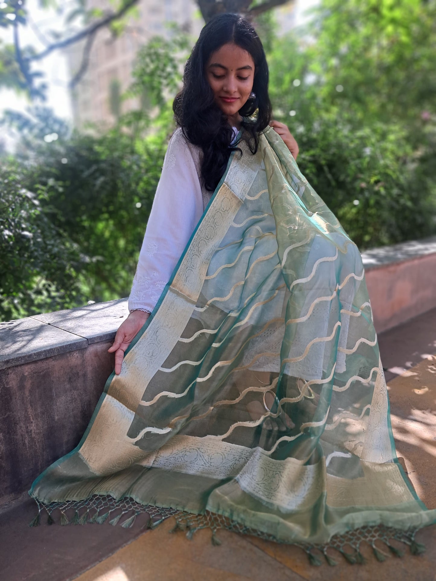 Green Katan Silk Jakat Jaal Dupatta