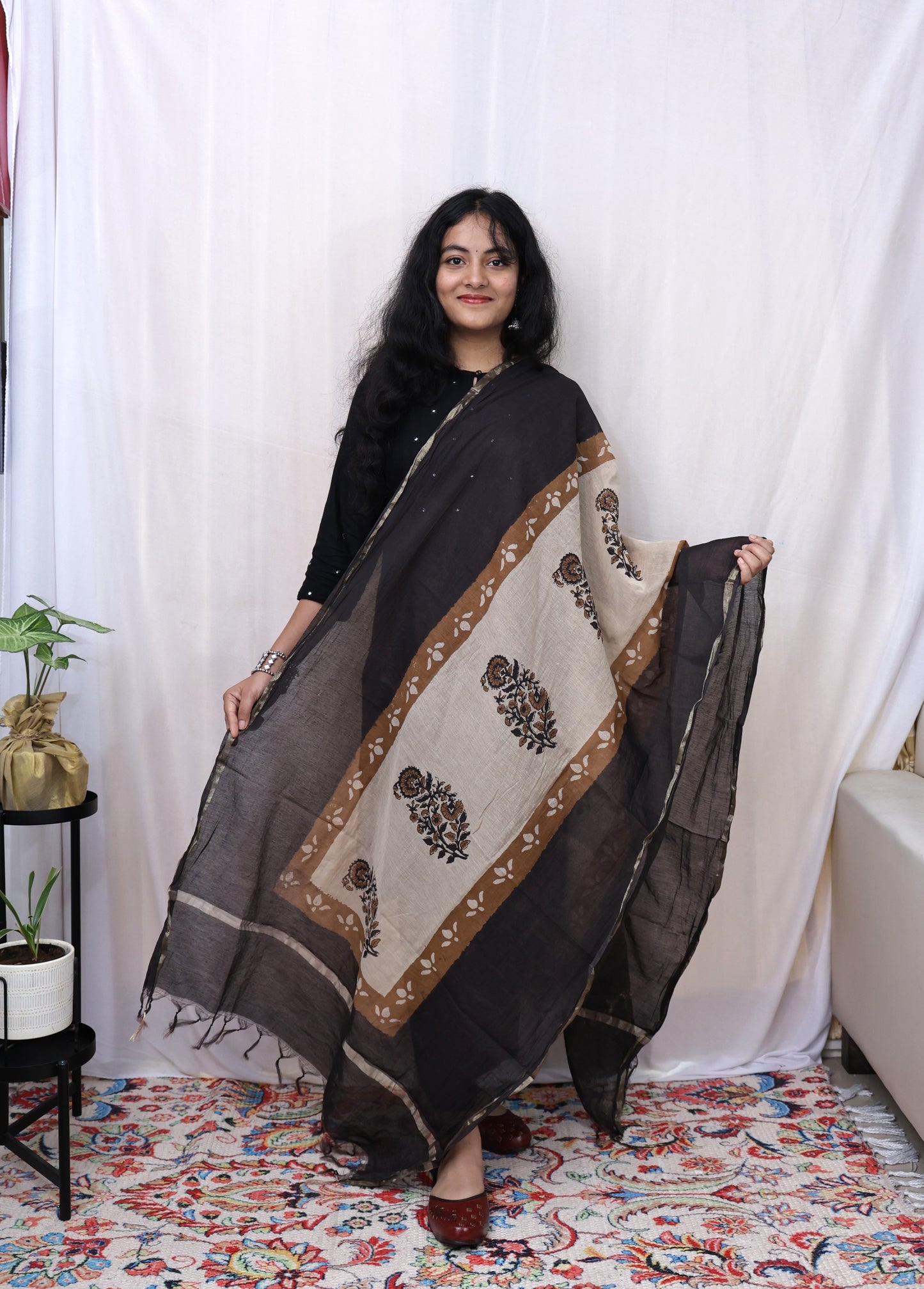 Black Hand-made block print dupatta