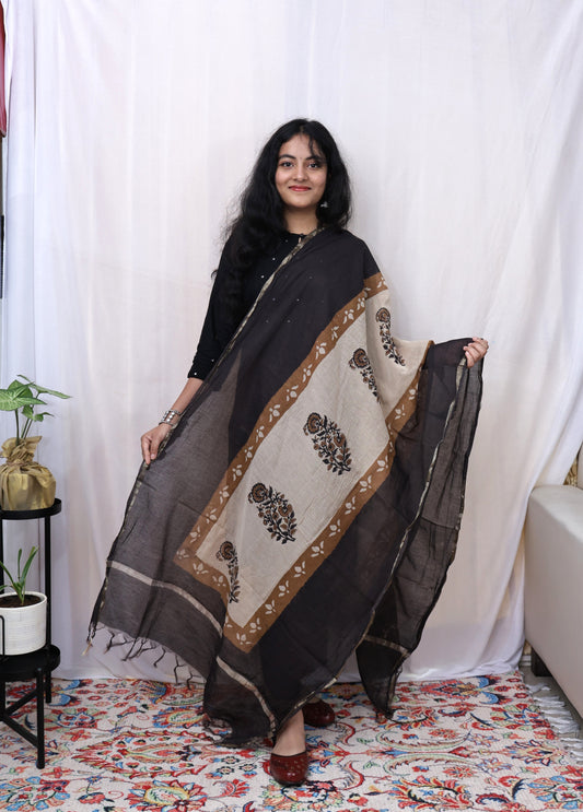 Black Hand-made block print dupatta