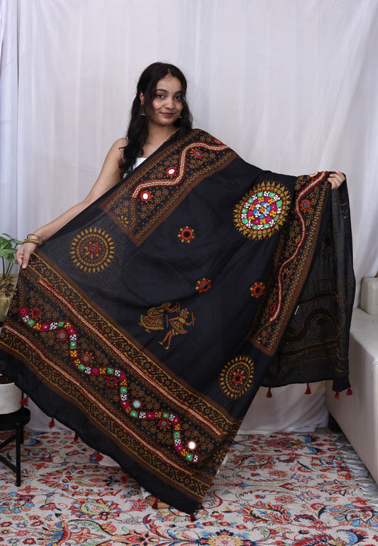 Cotton Print With Patch Mirror Work Dupatta