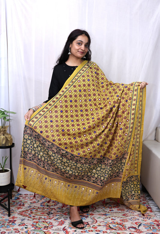 Cotton Ajrakh Katha Mirror Dupatta