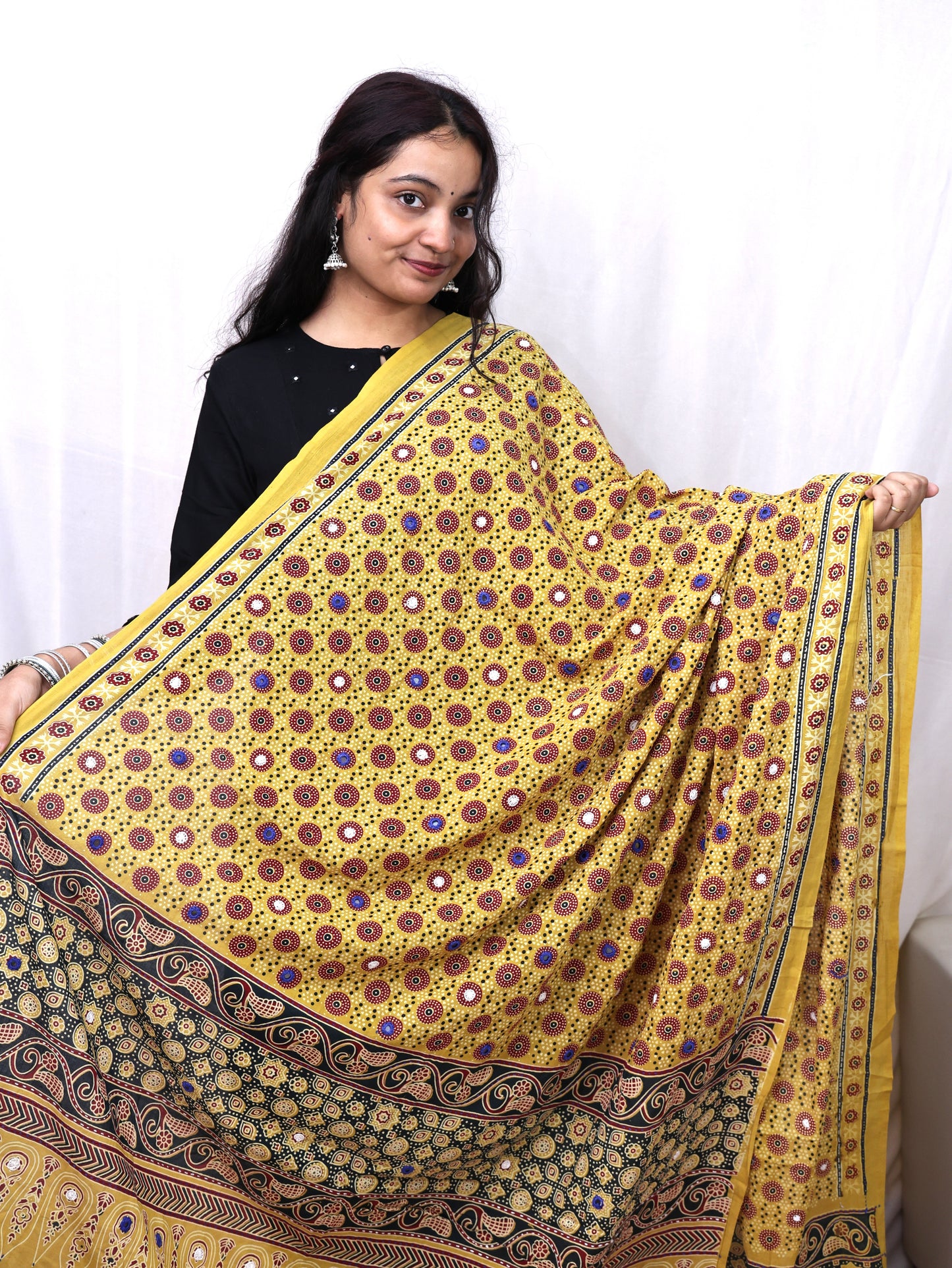 Cotton Ajrakh Katha Mirror Dupatta