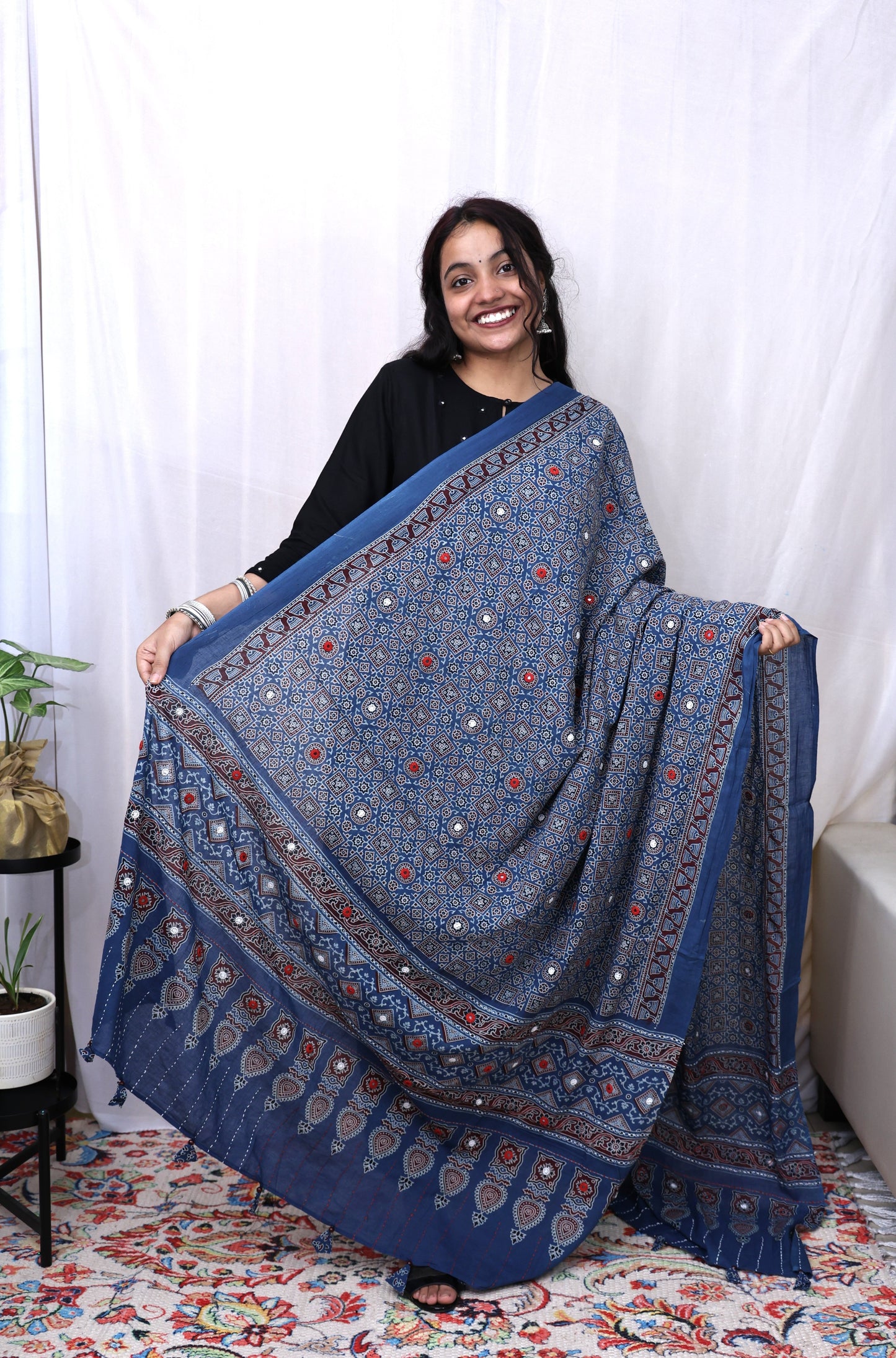 Cotton Ajrakh Katha Mirror Dupatta