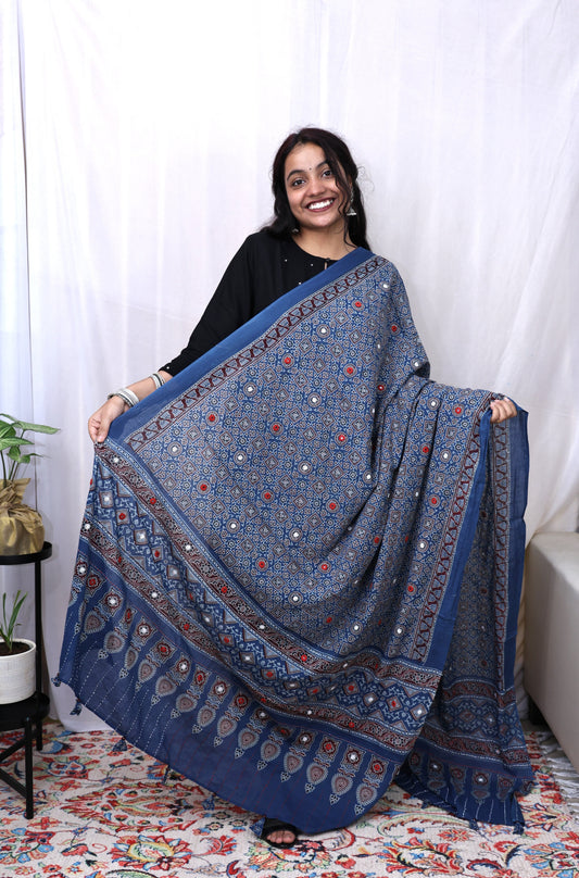 Cotton Ajrakh Katha Mirror Dupatta