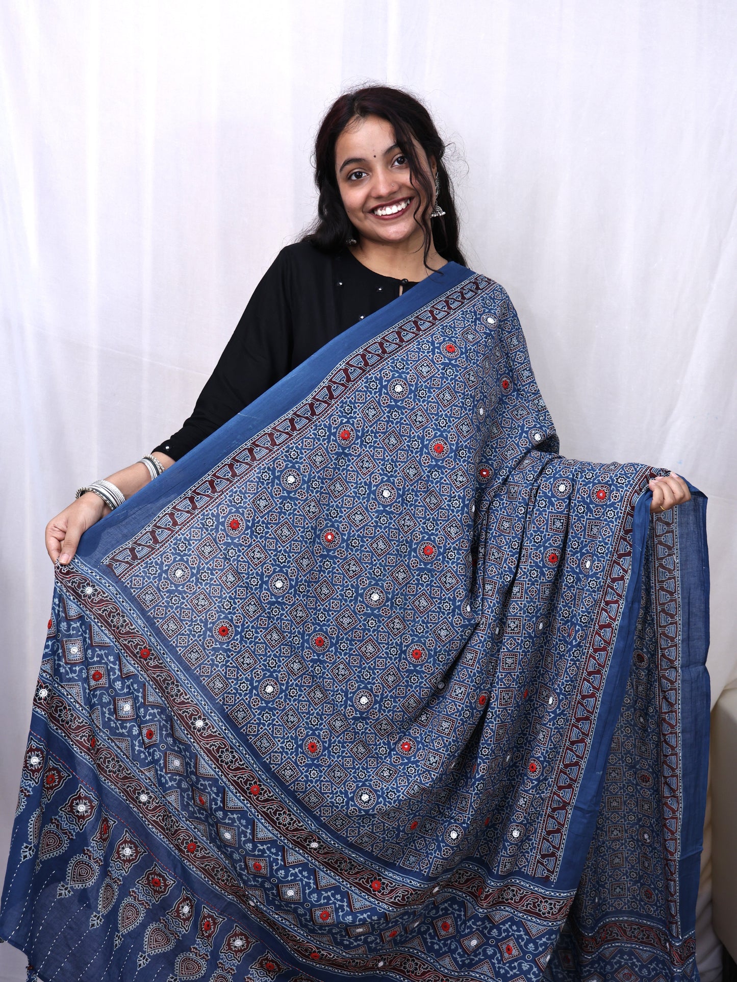 Cotton Ajrakh Katha Mirror Dupatta