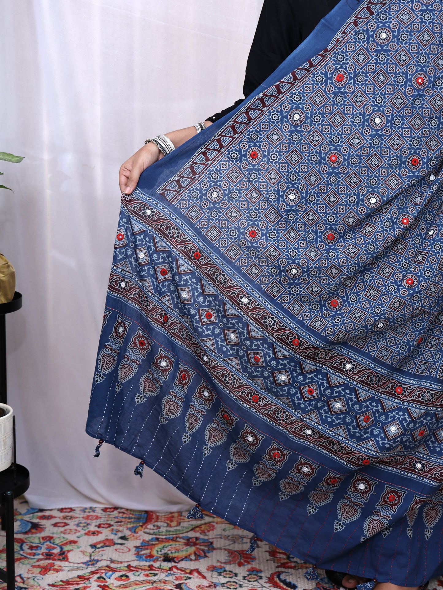 Cotton Ajrakh Katha Mirror Dupatta
