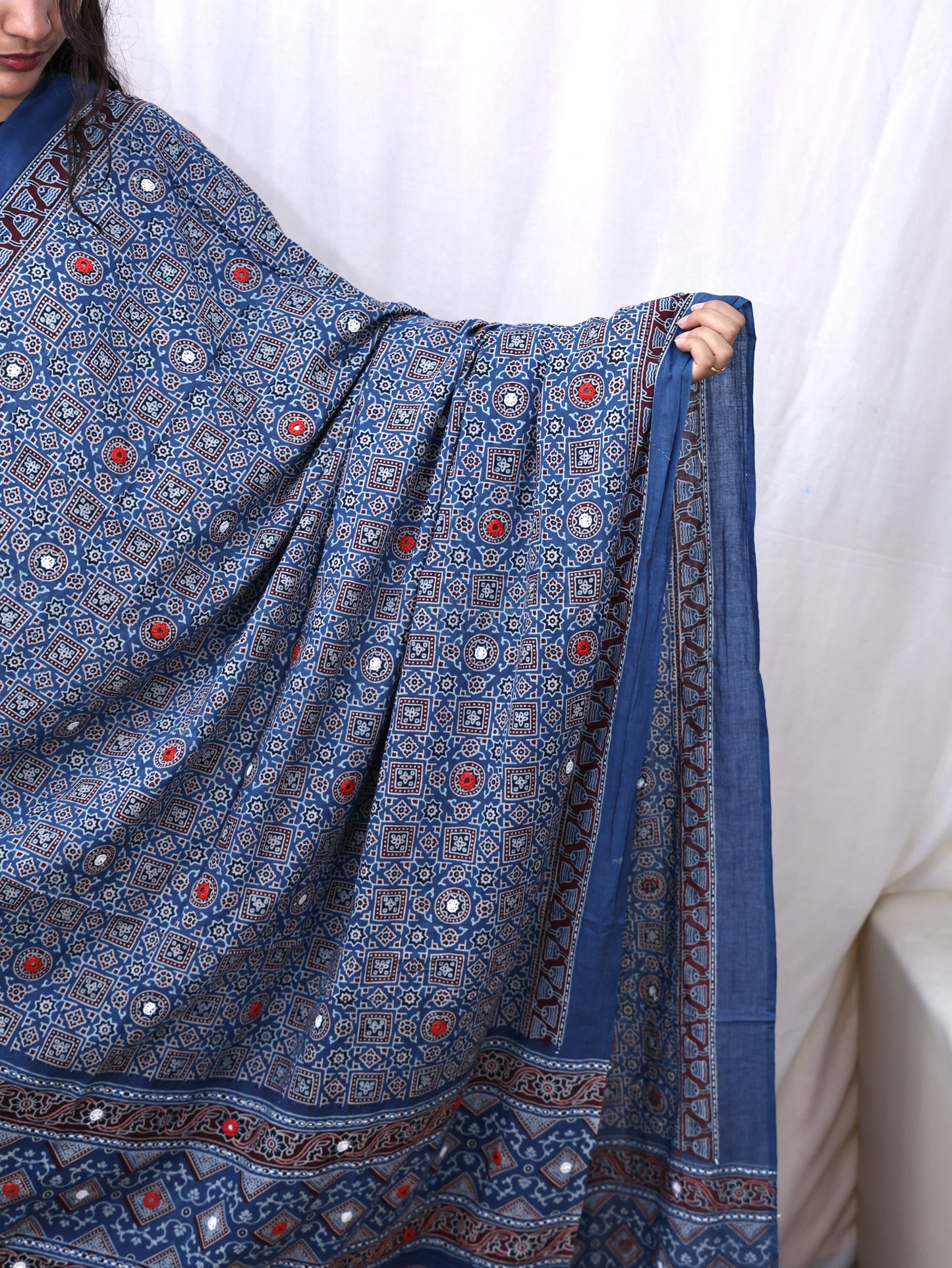 Cotton Ajrakh Katha Mirror Dupatta