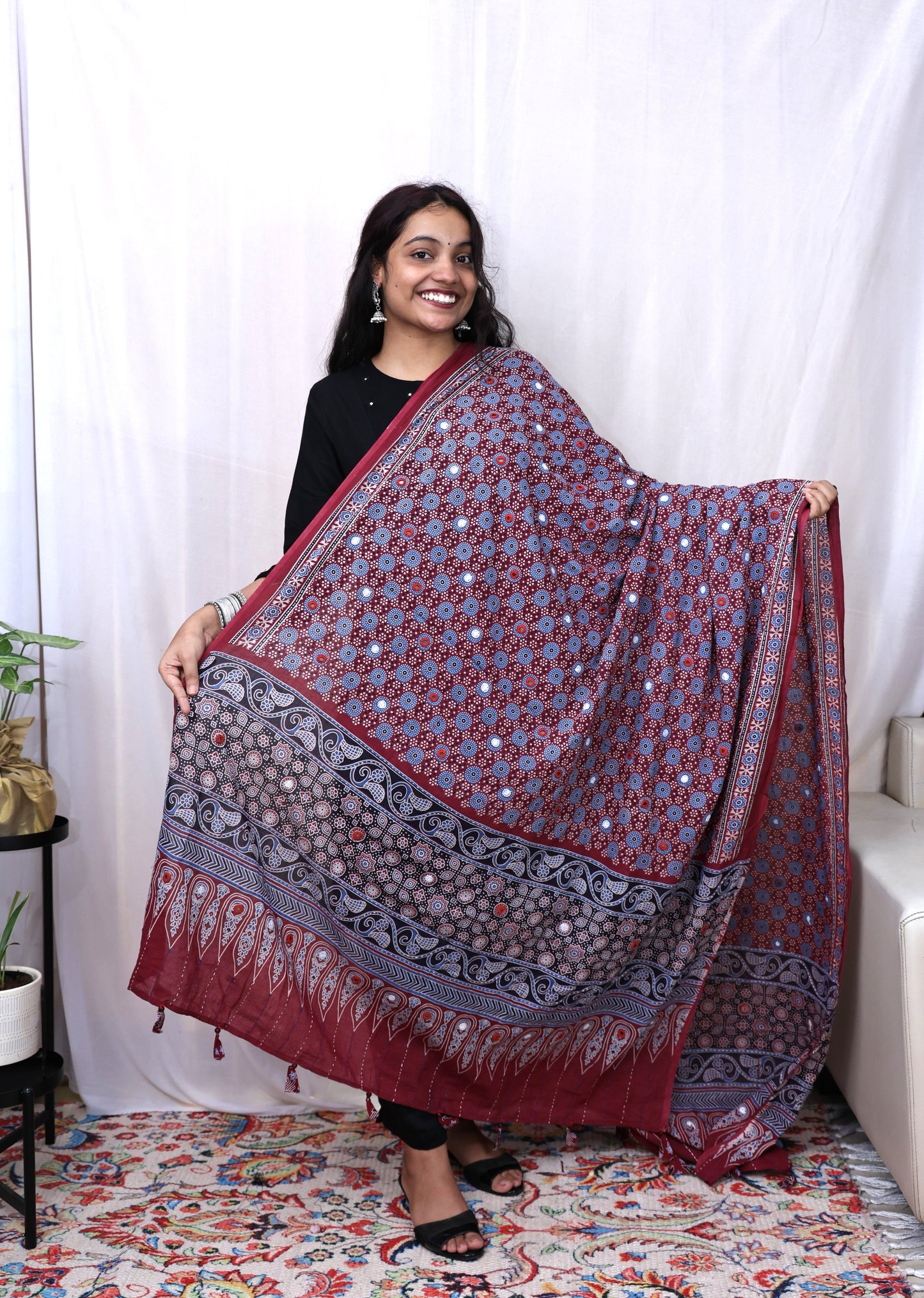 Cotton Ajrakh Katha Mirror Dupatta