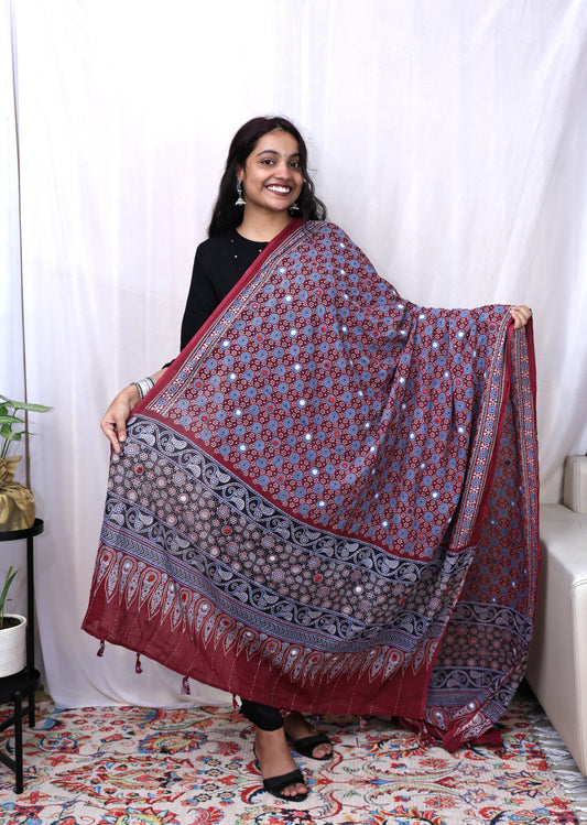 Cotton Ajrakh Katha Mirror Dupatta