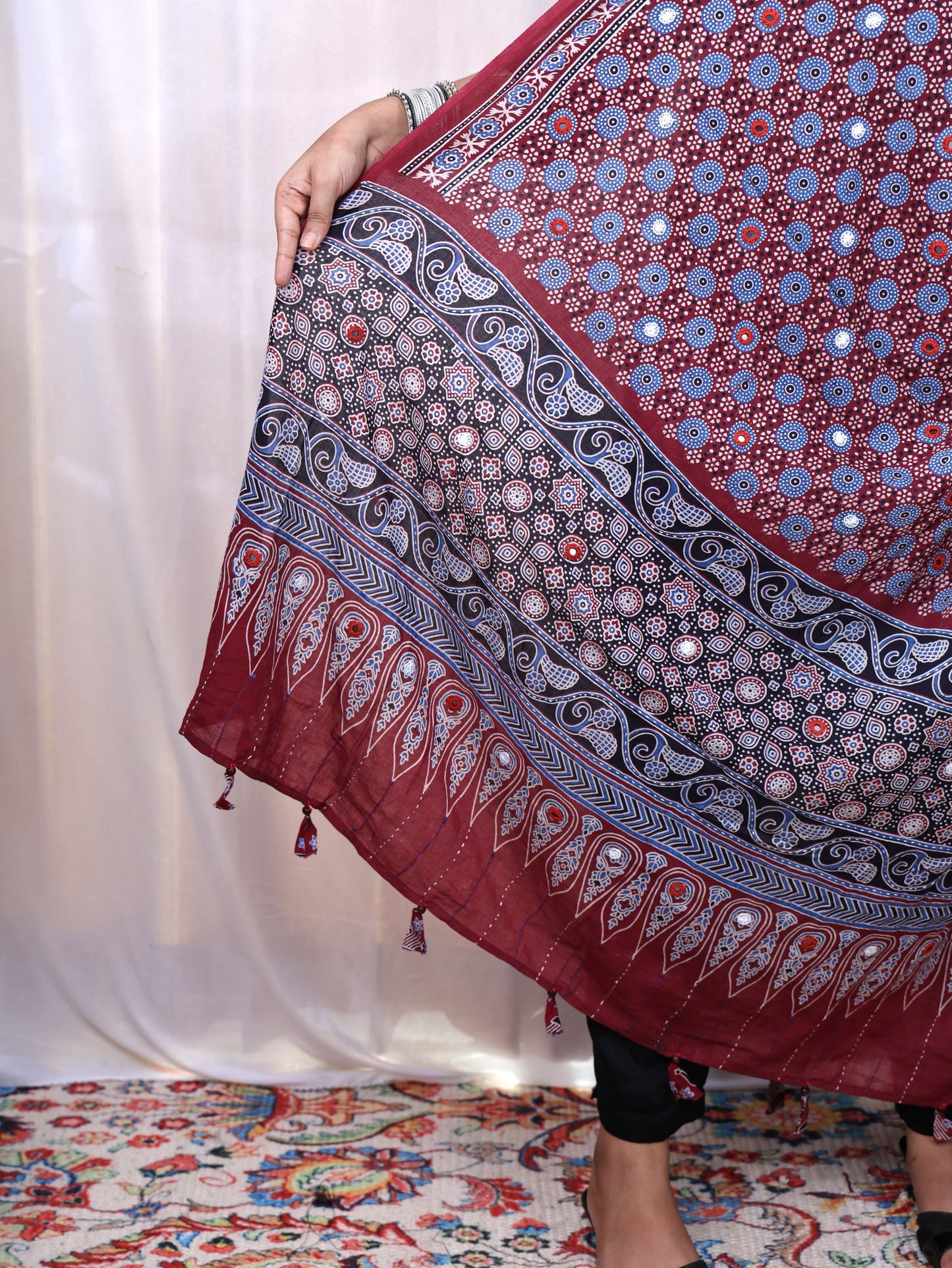 Cotton Ajrakh Katha Mirror Dupatta