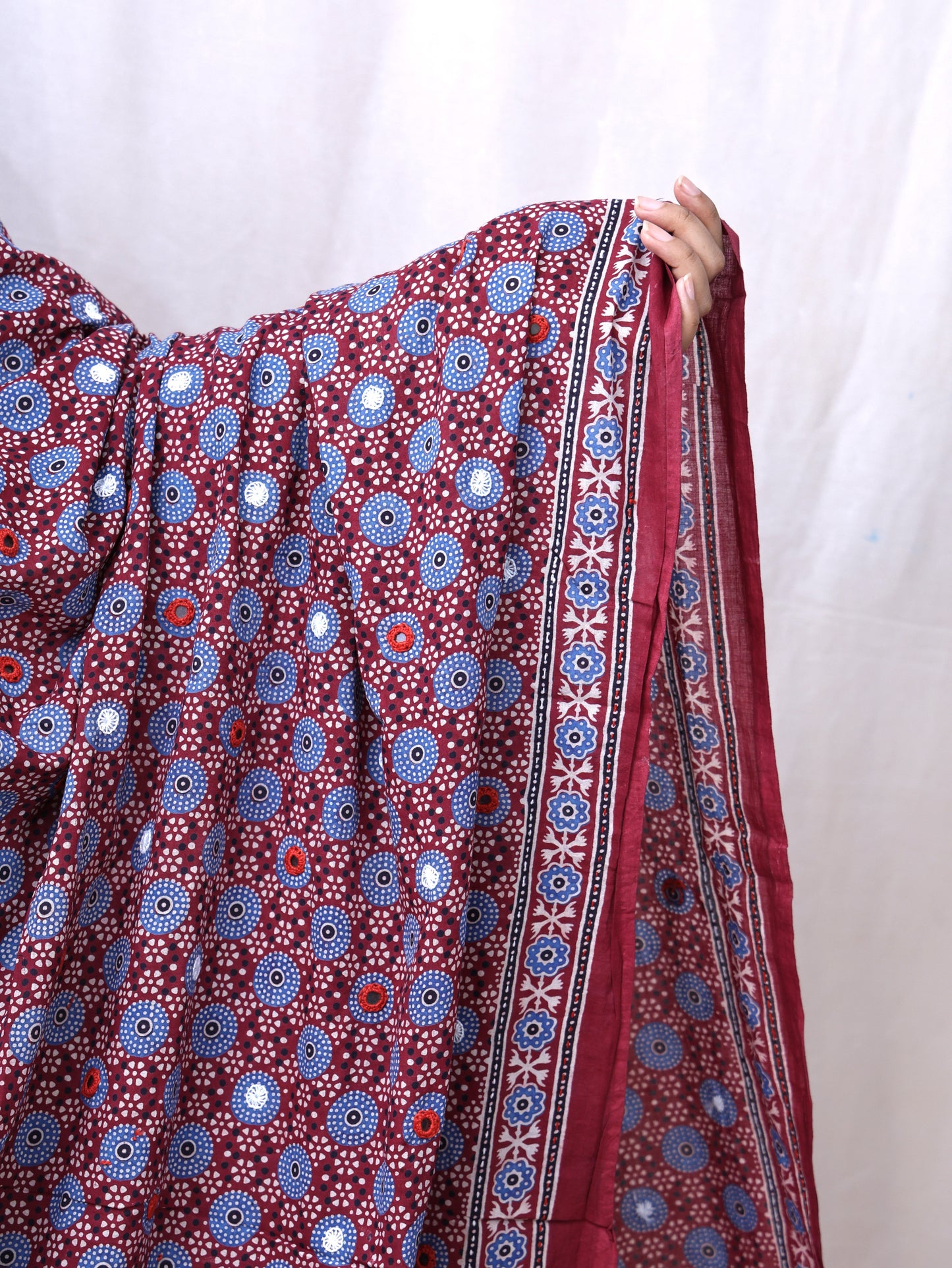 Cotton Ajrakh Katha Mirror Dupatta