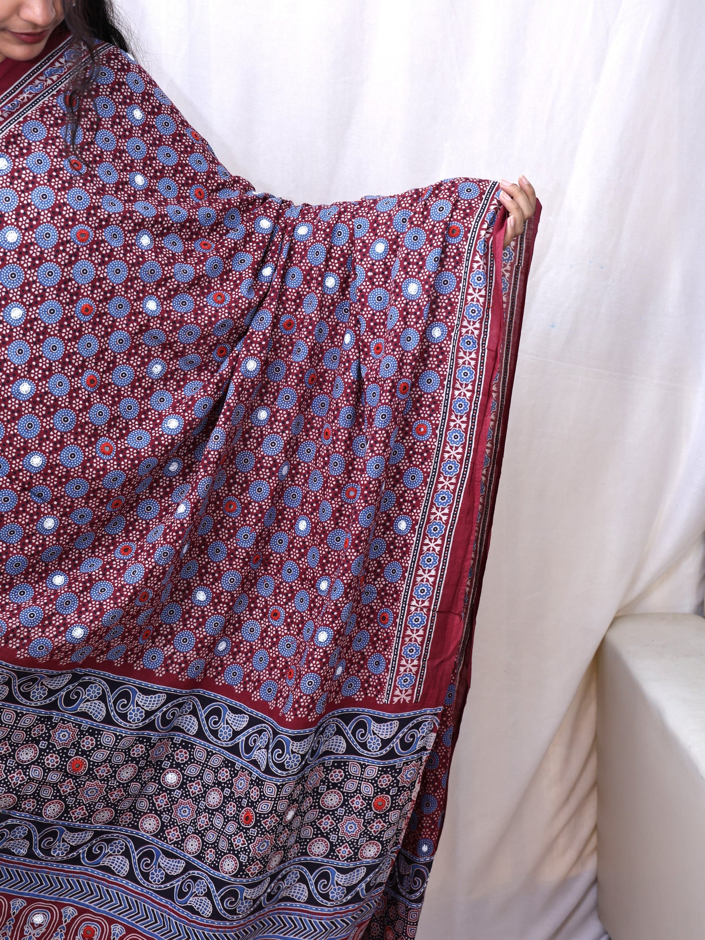 Cotton Ajrakh Katha Mirror Dupatta