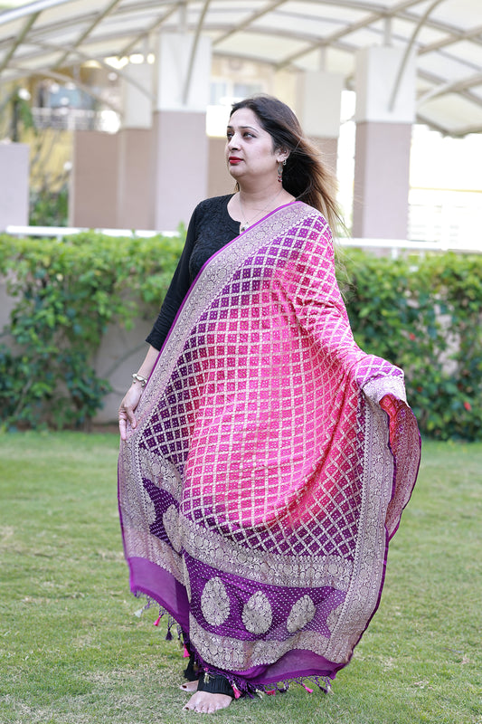 Purple Crep Georgette Bandhani Banarasi Dupatta