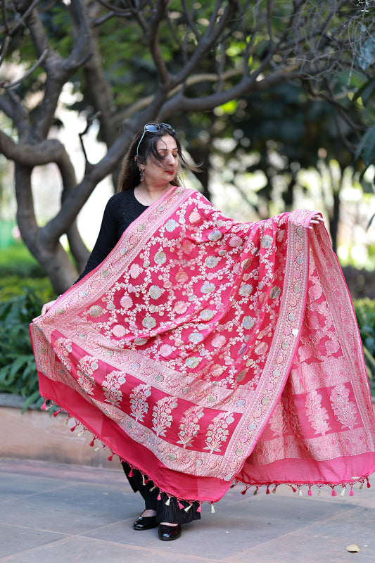 Pink Crep Georgette Khaddi Handprint Banarasi Dupatta