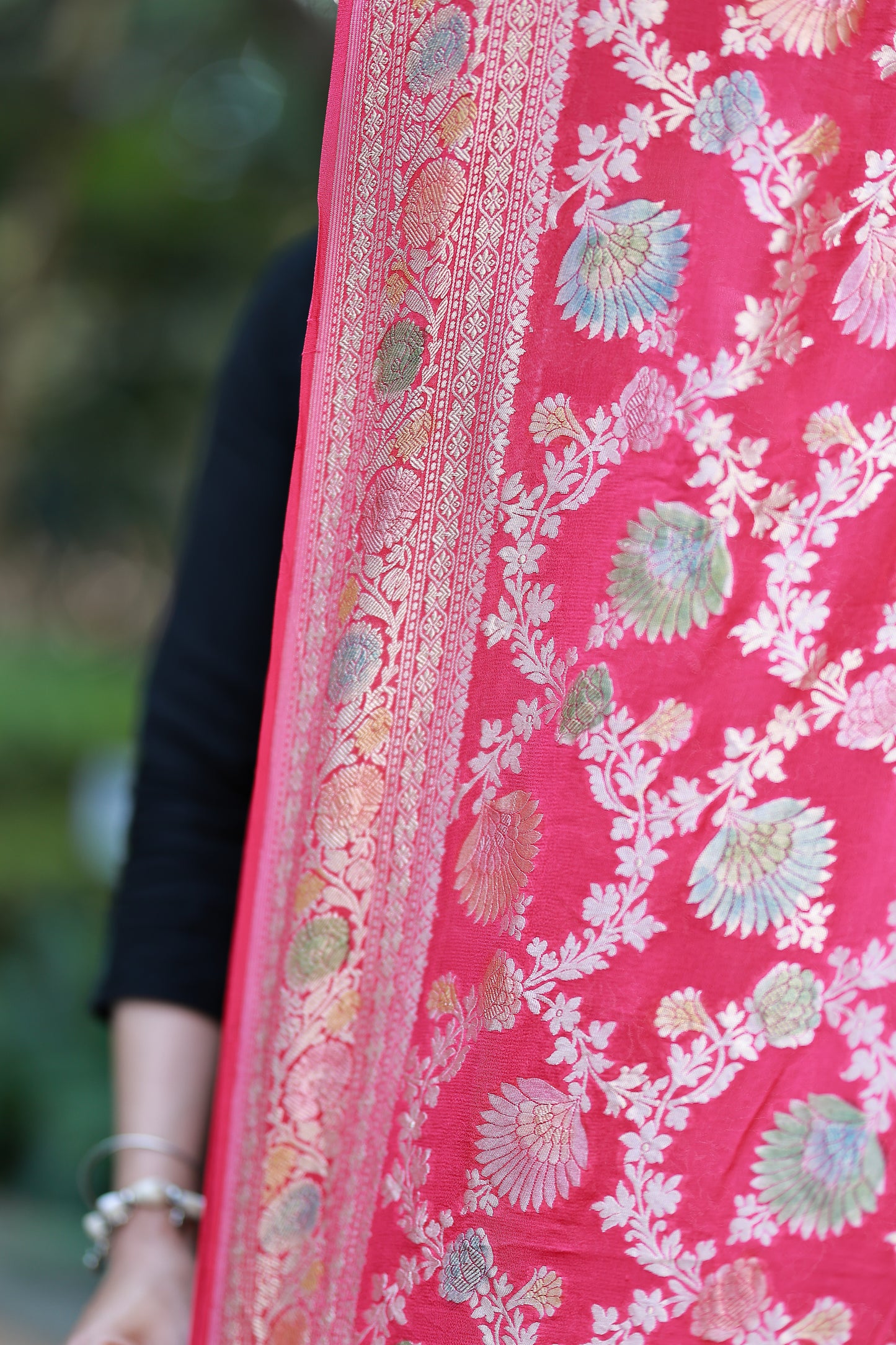 Pink Crep Georgette Khaddi Handprint Banarasi Dupatta