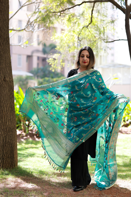 Green Kota Chek Katan Paithani Jal Banarasi Dupatta