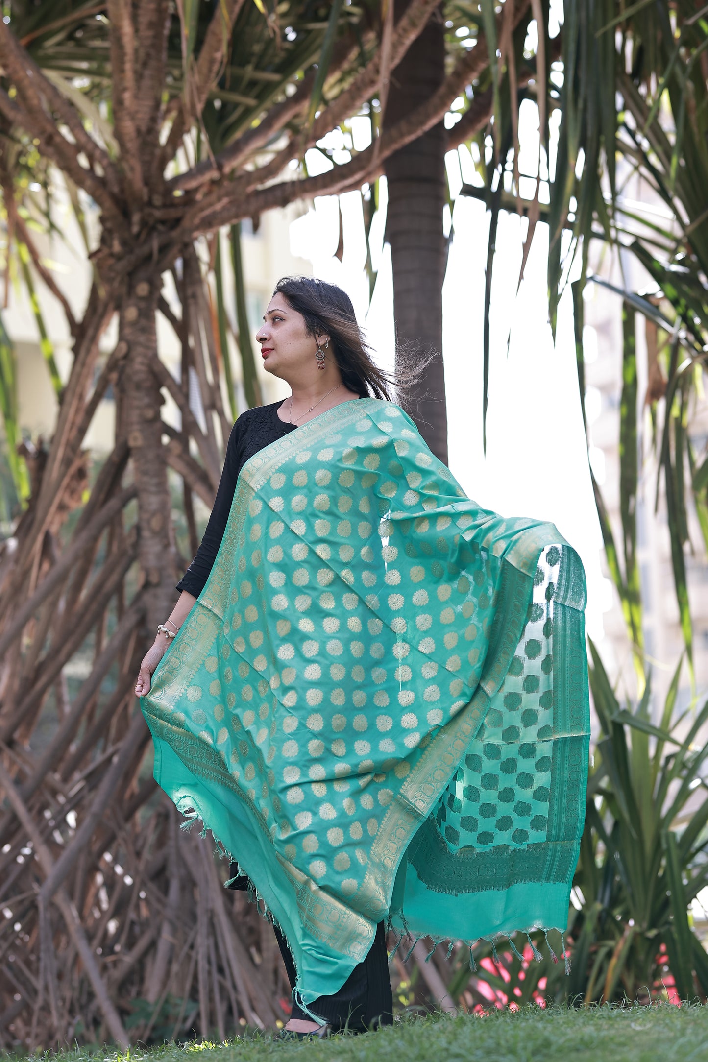 Green Banarasi Dupatta with Golden Buta