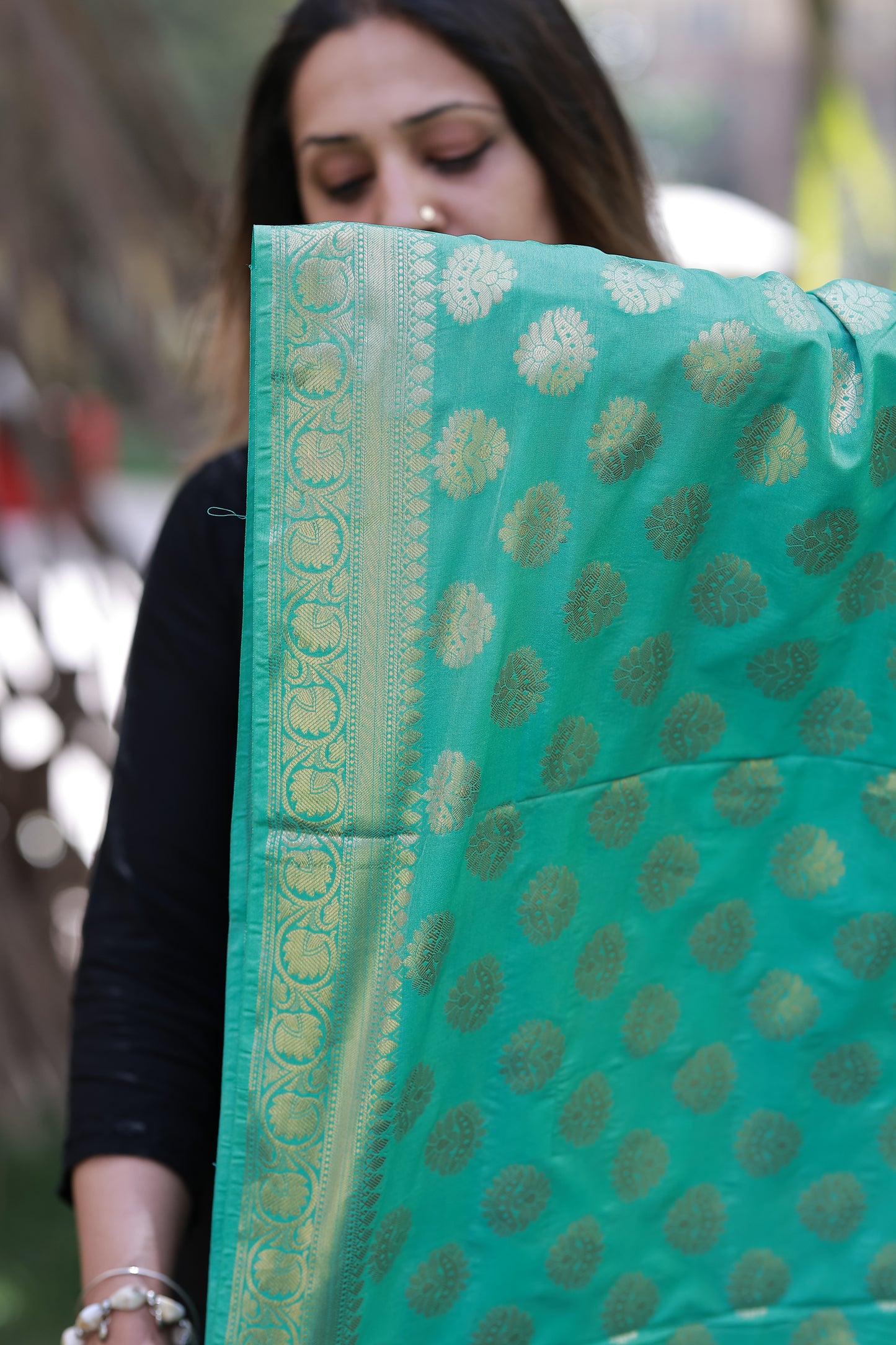 Green Banarasi Dupatta with Golden Buta