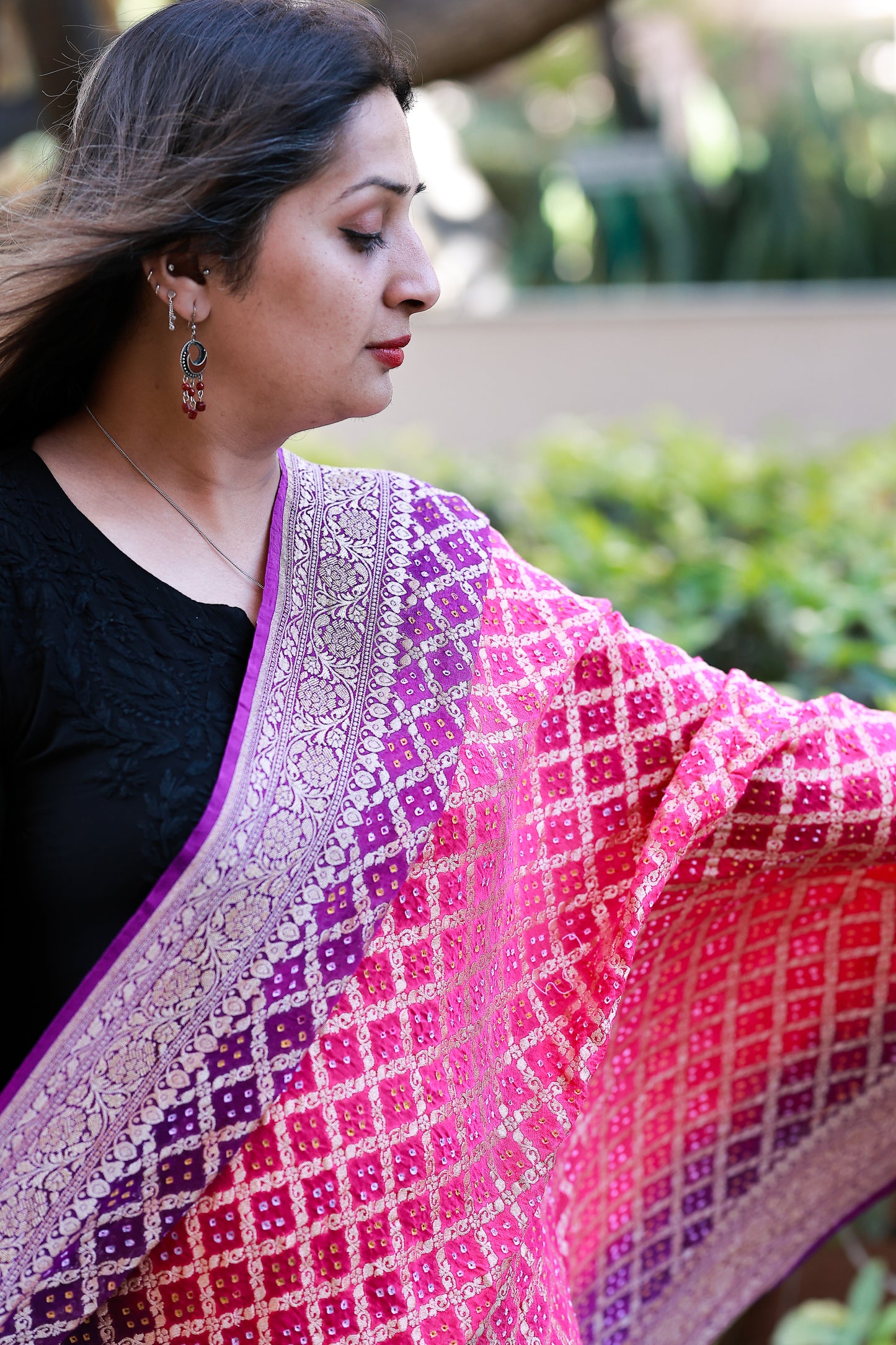 Purple Crep Georgette Bandhani Banarasi Dupatta