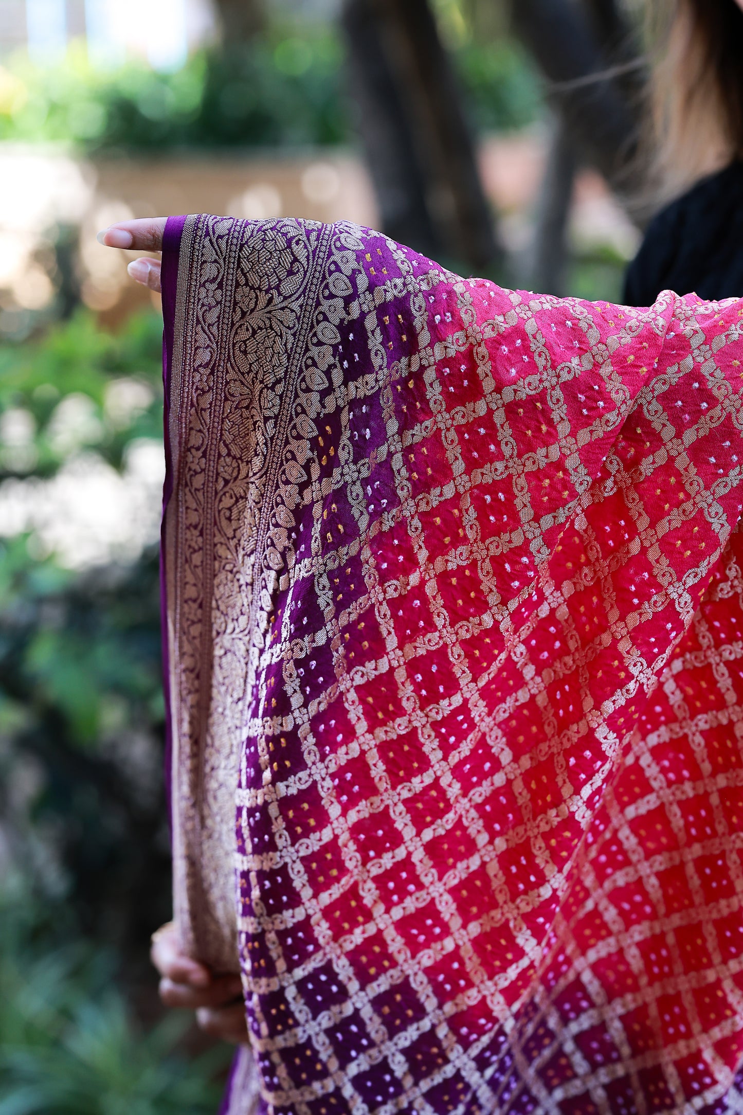 Purple Crep Georgette Bandhani Banarasi Dupatta