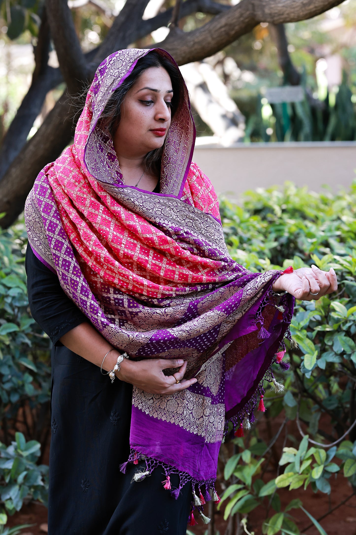 Purple Crep Georgette Bandhani Banarasi Dupatta
