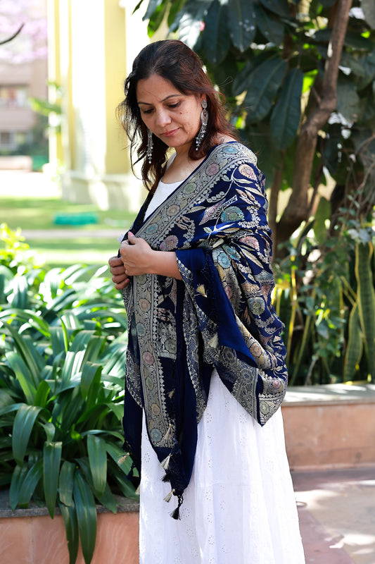 Blue Crep Georgette Khaddi Handprint Banarasi Dupatta