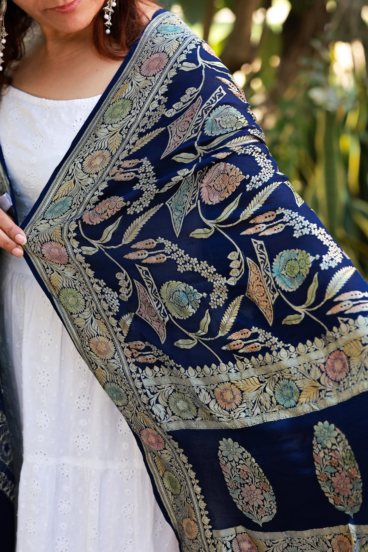 Blue Crep Georgette Khaddi Handprint Banarasi Dupatta