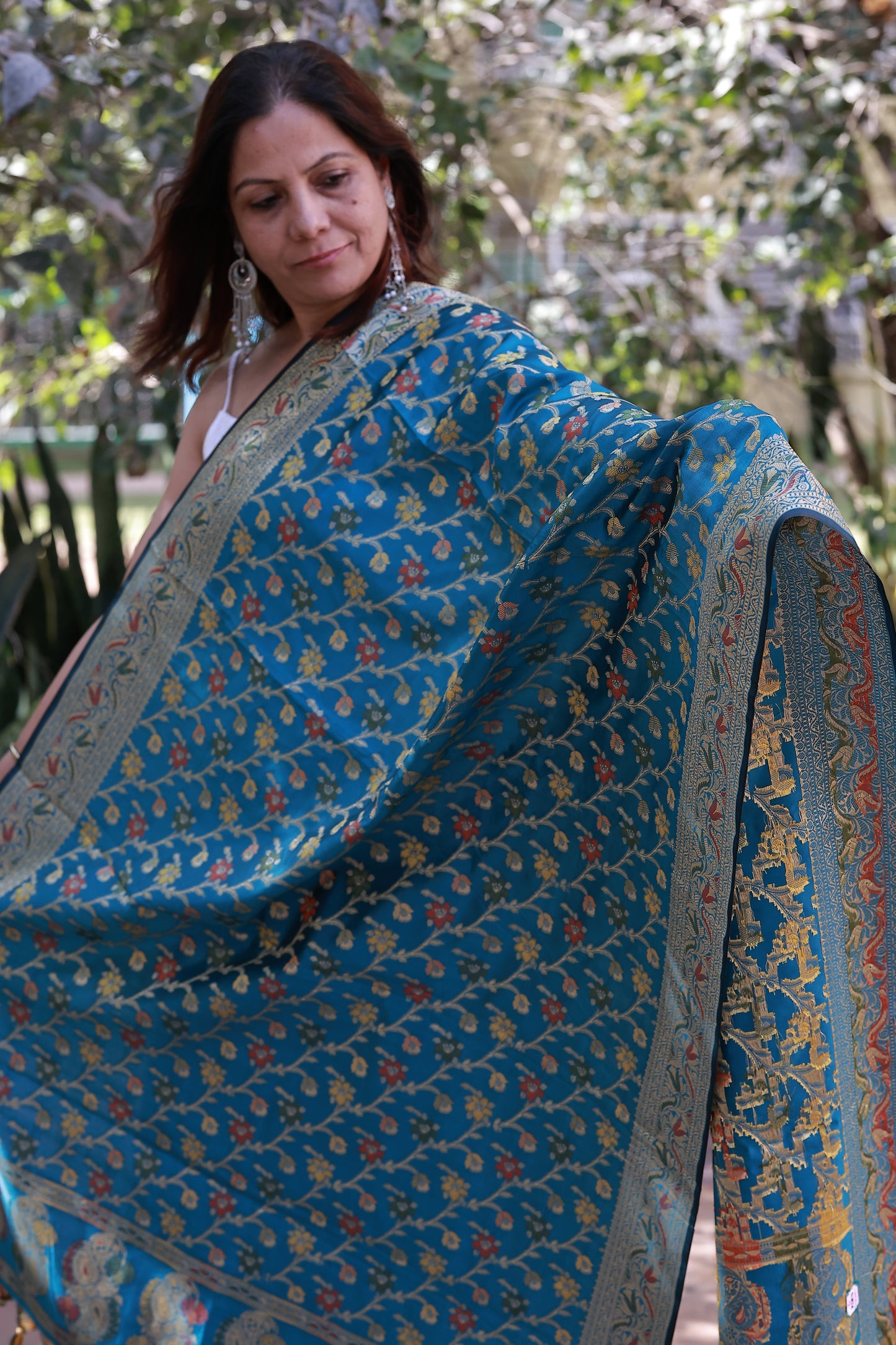 Blue Mixed Silk Small Floral Banarasi Dupatta