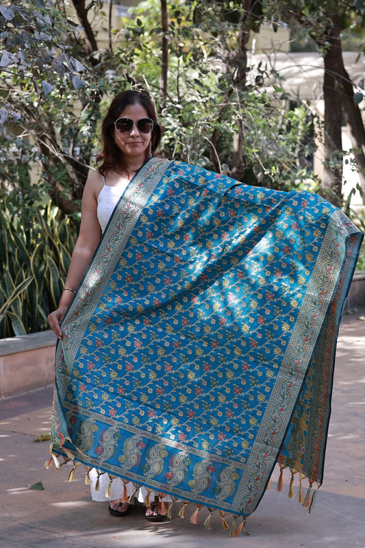 Blue Mixed Silk Small Floral Banarasi Dupatta