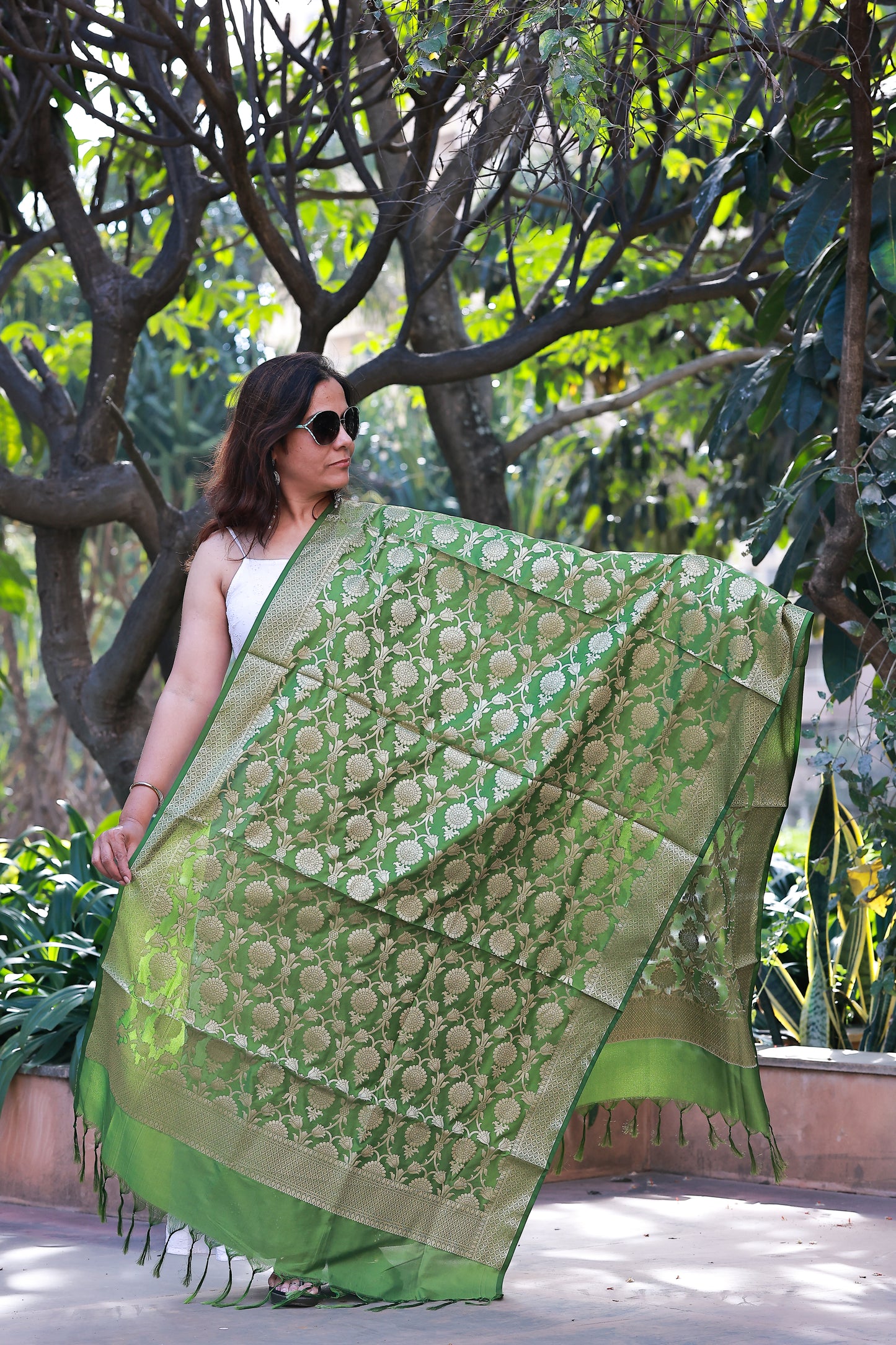 Green Tissue Silk Jacquard Jaal Banarasi Dupatta