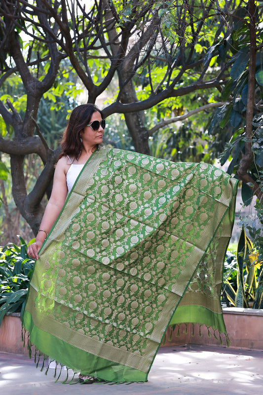 Green Tissue Silk Jacquard Jaal Banarasi Dupatta