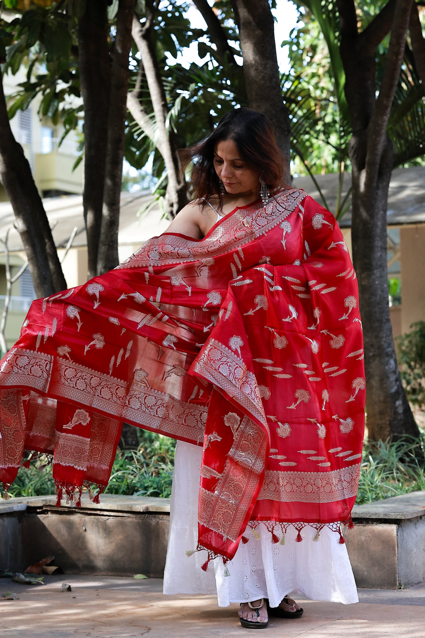 Red Katan Silk Border Buti Banarasi Dupatta