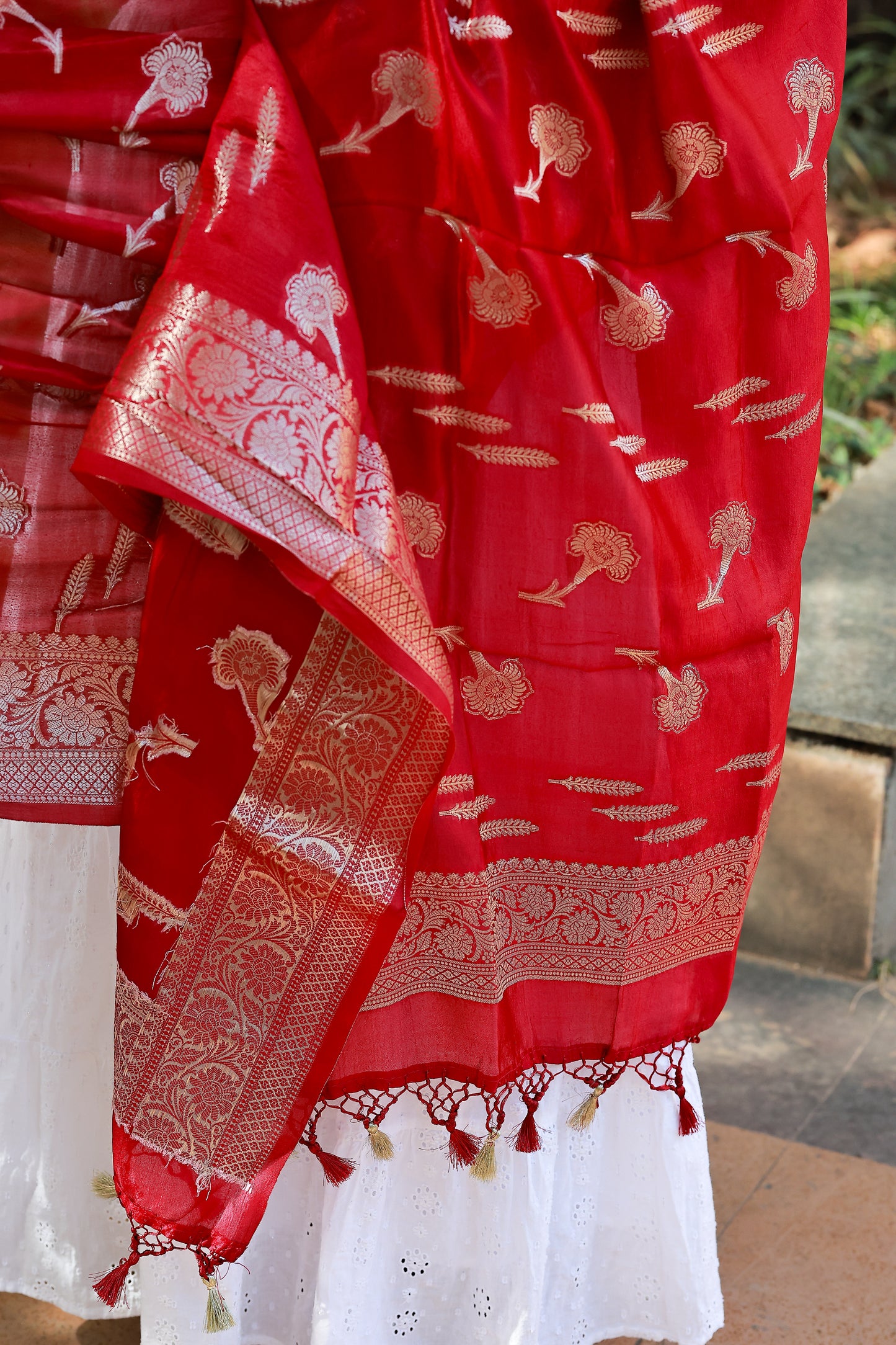 Red Katan Silk Border Buti Banarasi Dupatta