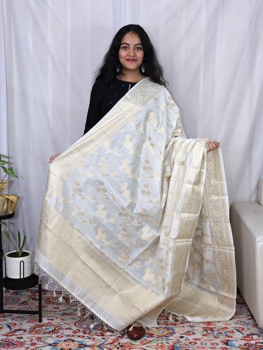 Cream Chiniya Silk Jakal Buti Banarasi Dupatta
