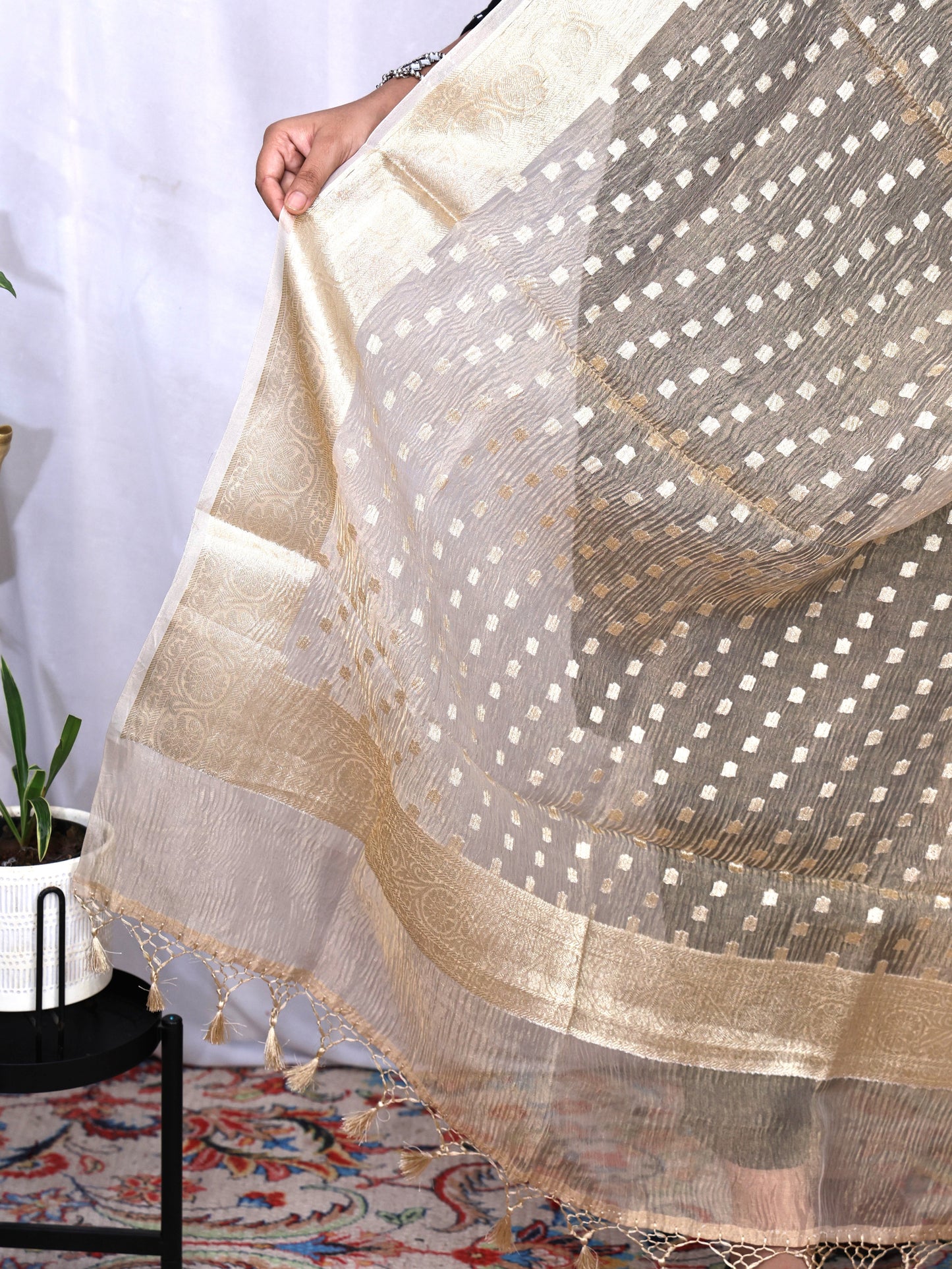 Golden Silk Tissue Crush Border Buti Banarasi Dupatta