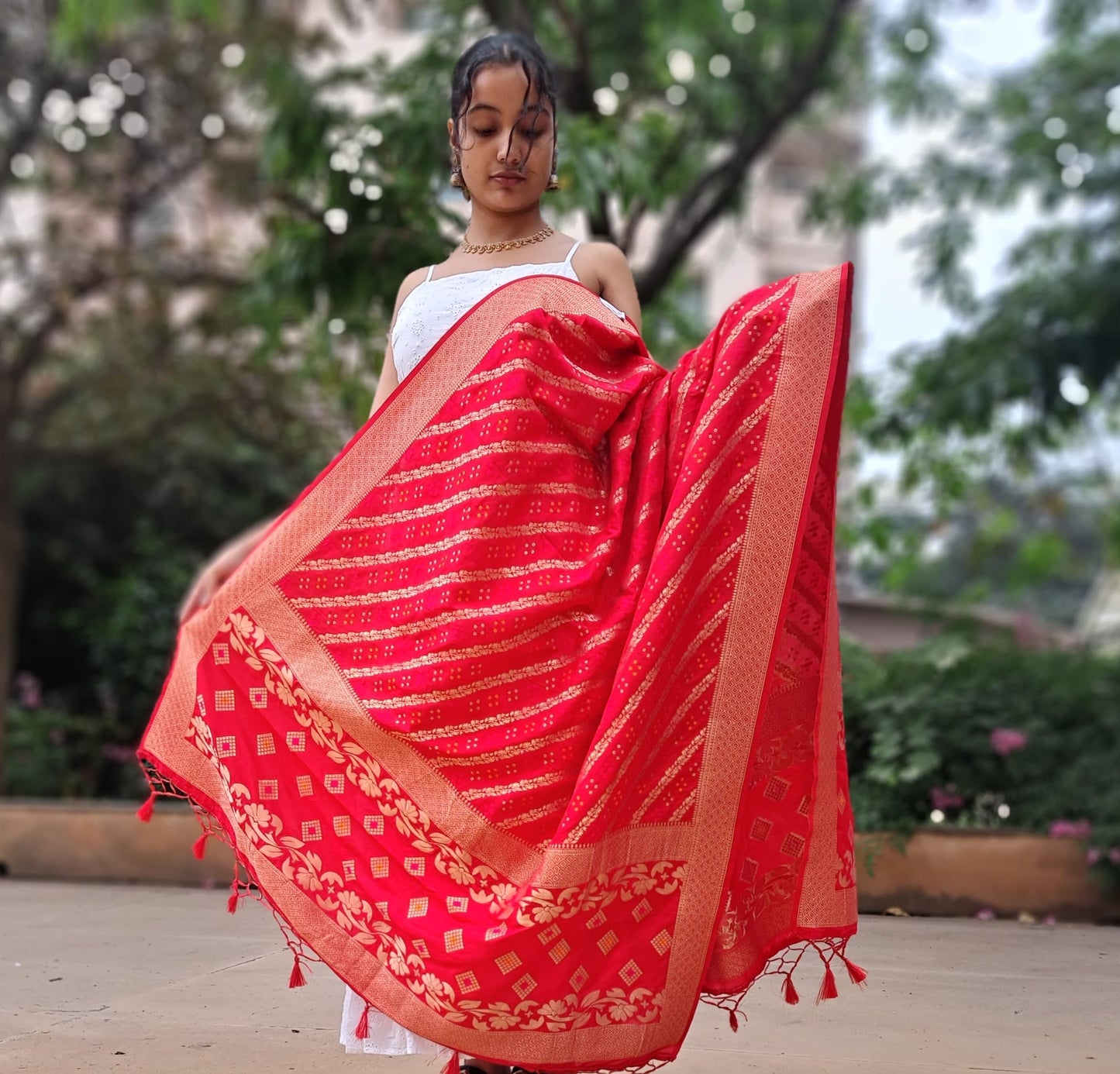 Red Bandhani Banarasi Dupatta