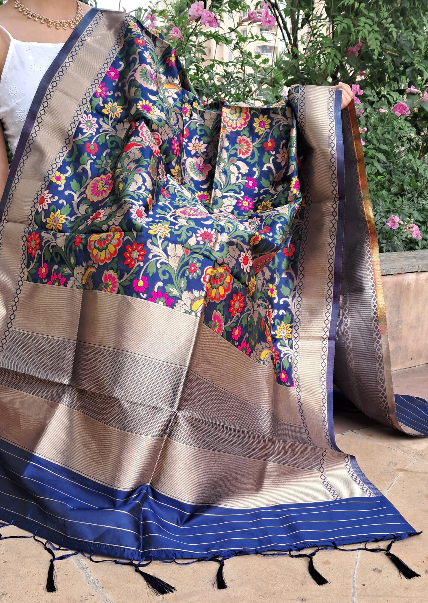 Blue Mixed Silk Banarasi Dupatta