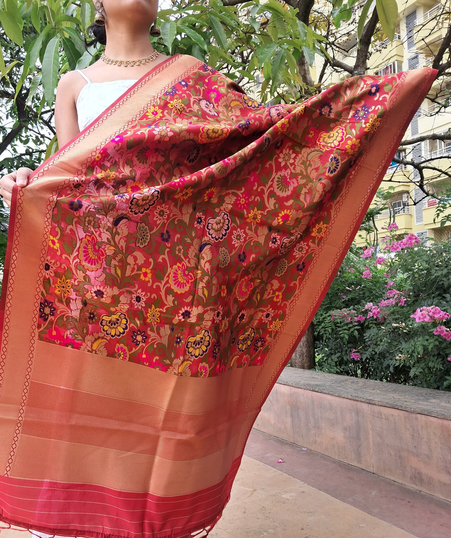 Red Mixed Katan Silk Banarasi Dupatta