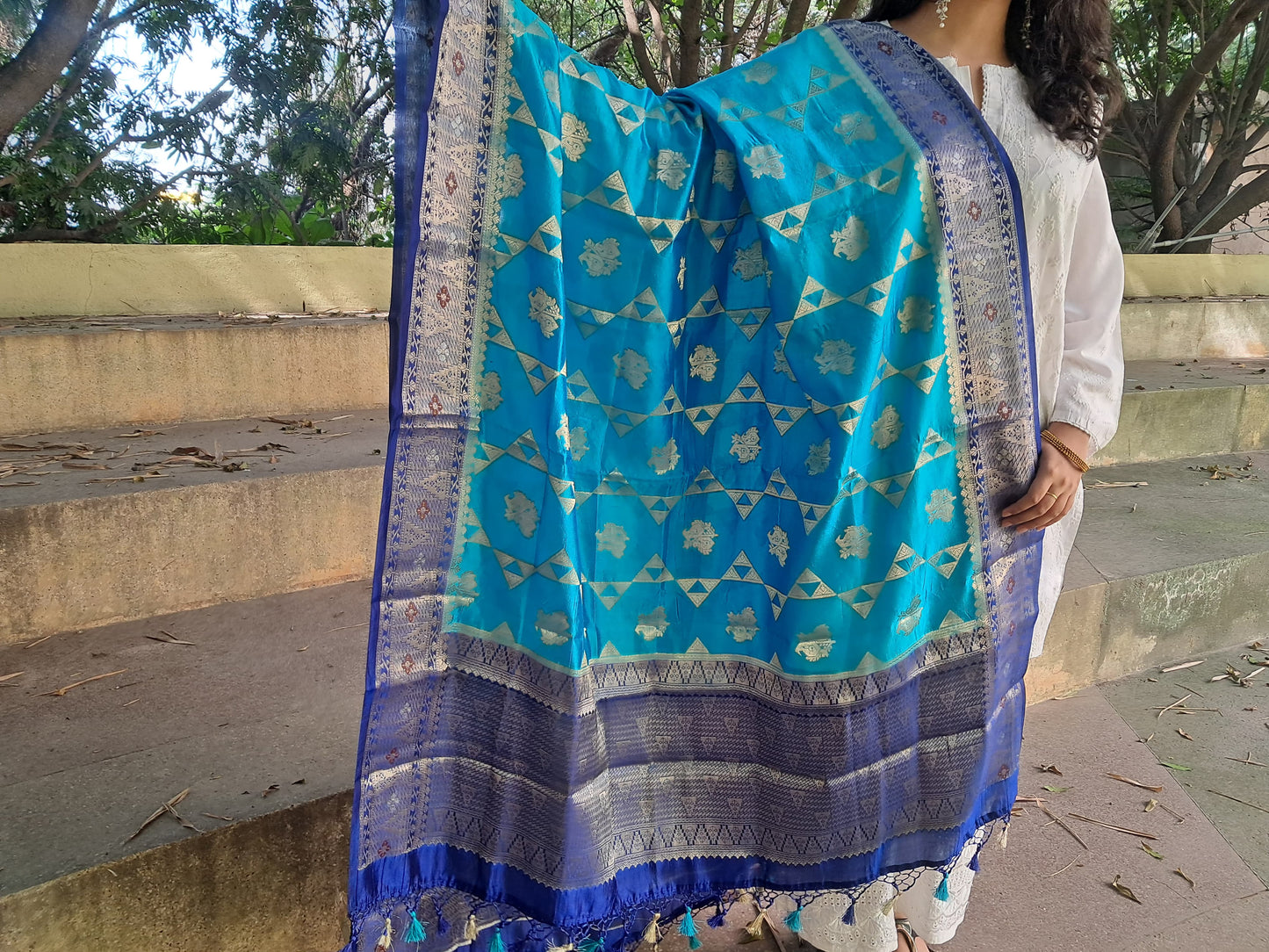 Blue Katan Silk Border Buti Banarasi Dupatta
