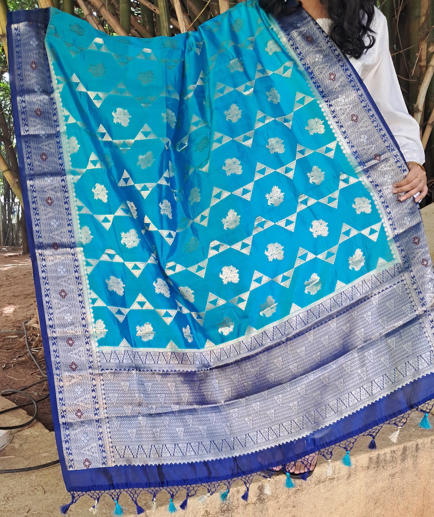 Blue Katan Silk Border Buti Banarasi Dupatta