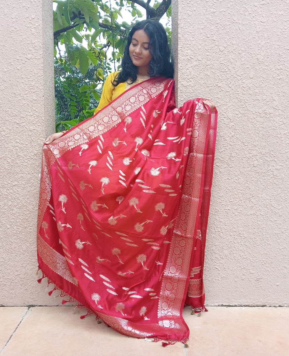 Red Katan Silk Border Buti Banarasi Dupatta