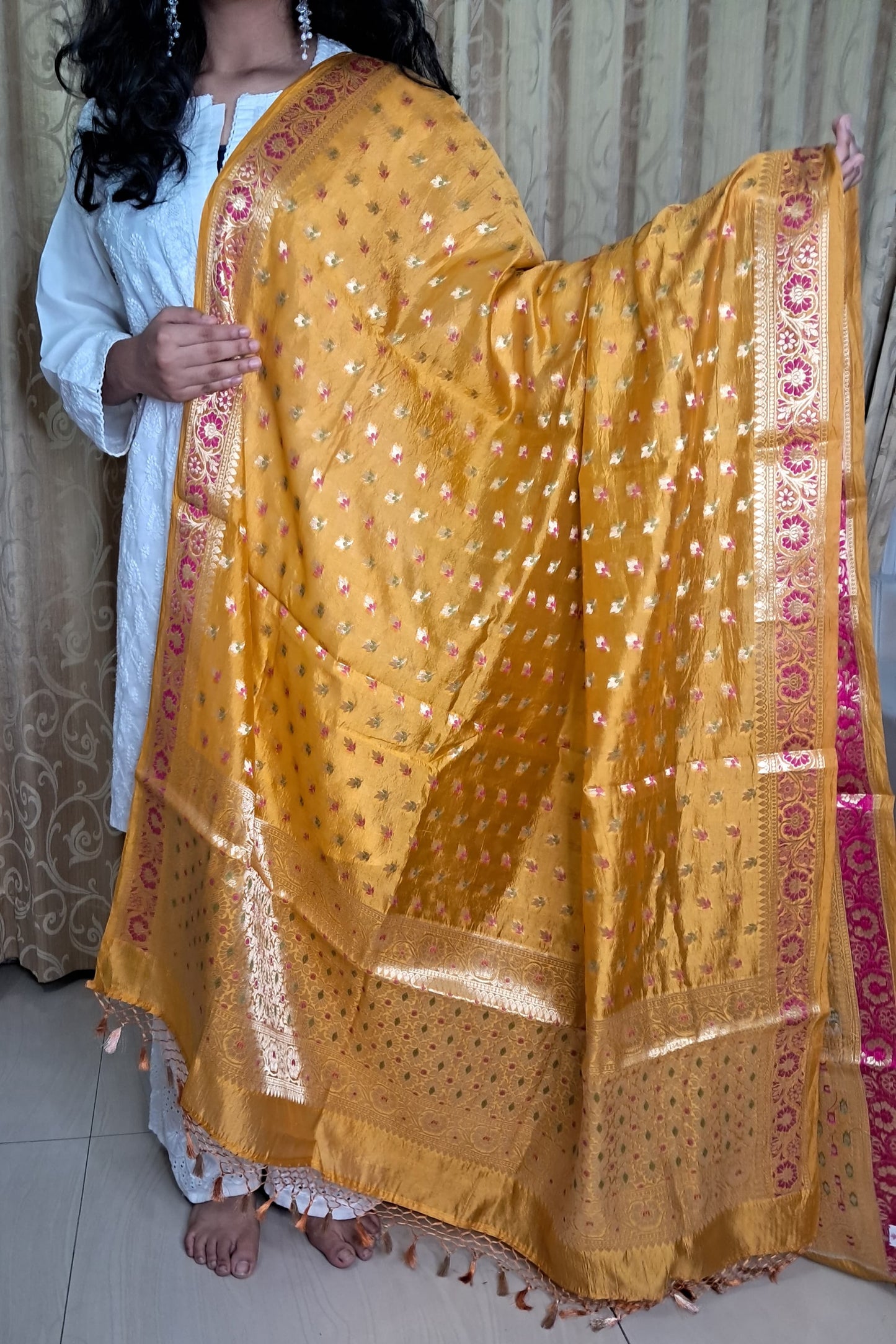 Yellow katan silk Jakat Jal Banarasi Dupatta