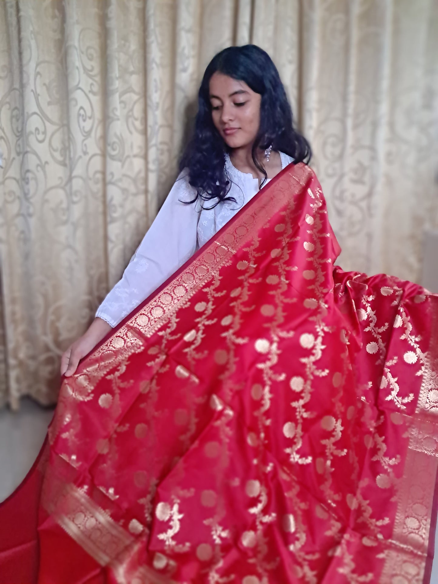 Red Banarasi Dupatta With Golden Jari Work