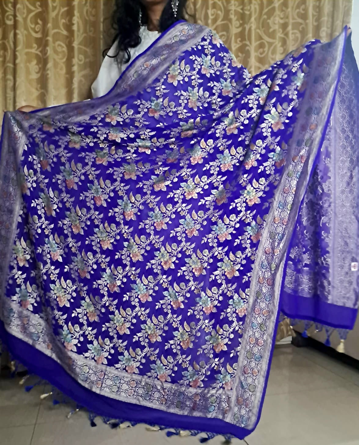 Blue Crep Georgette khaddi Hand Print Banarasi Dupatta