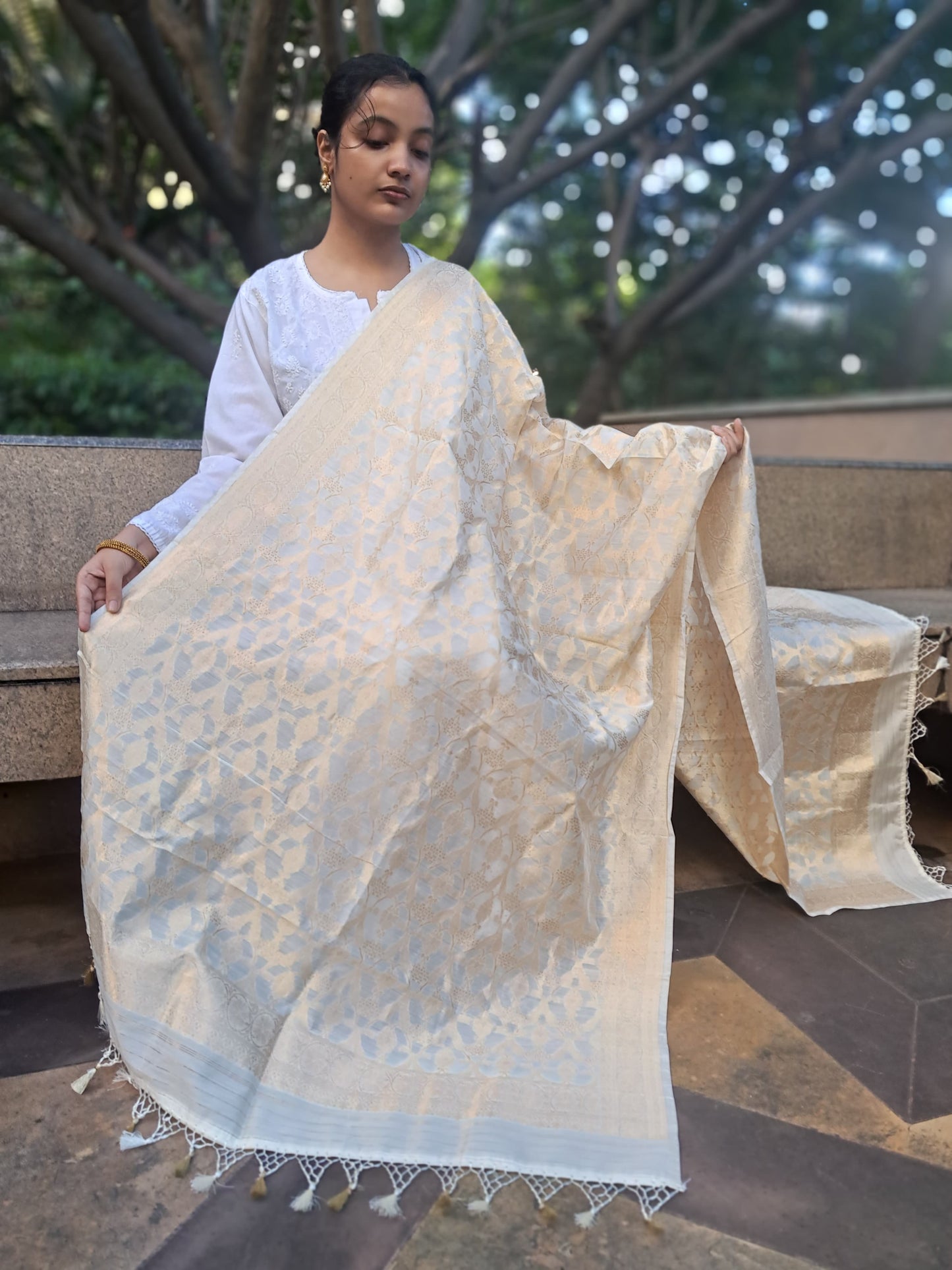 Off White Chiniya Silk Kaduwa Ara Jaal Banarasi Dupatta