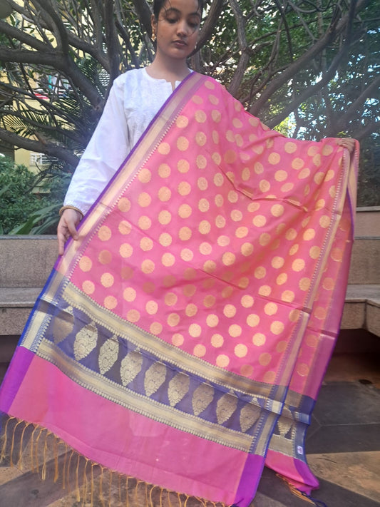 Pink Mixed katan Silk Banarasi Dupatta